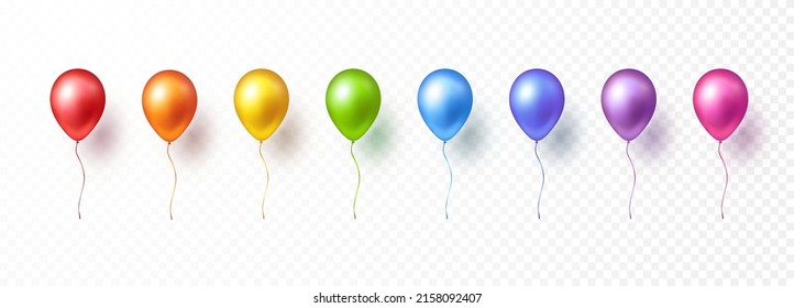 Conjunto de globos aislados en fondo transparente. Vector realista dorado colorido y festivo plantilla de globos de helio 3d para aniversario, diseño de fiesta de cumpleaños