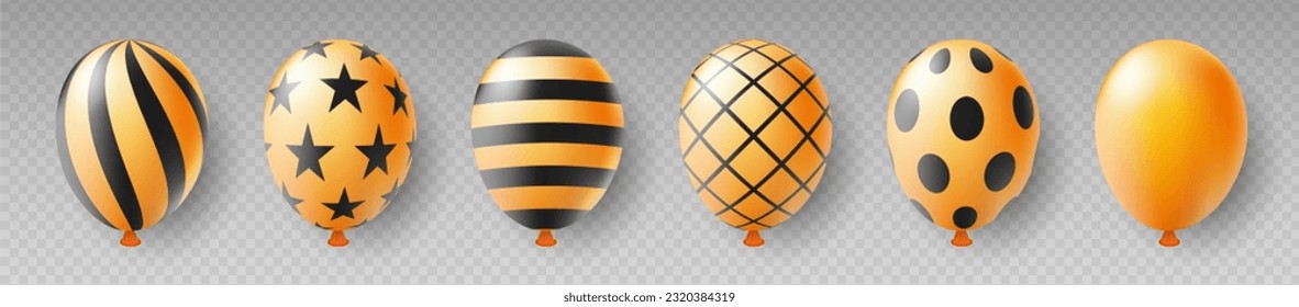 Balloon set isolated on transparent background. Vector realistic golden festive 3d helium balloons template for anniversary, birthday party design