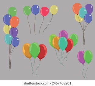 Balloon set isolated on transparent background. Vector realistic gold, silver, white, golden colorful and black festive 3d helium balloons template for anniversary, birthday party design