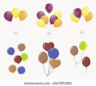 Balloon set isolated on transparent background. Vector realistic gold, silver, white, golden colorful and black festive 3d helium balloons template for anniversary, birthday party design