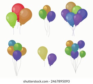 Balloon set isolated on transparent background. Vector realistic gold, silver, white, golden colorful and black festive 3d helium balloons template for anniversary, birthday party design