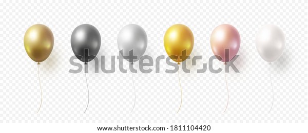 Balloon set isolated on transparent background.\
Vector realistic gold, bronze, golden rose, silver, white and black\
festive 3d helium balloons template for anniversary, birthday party\
design