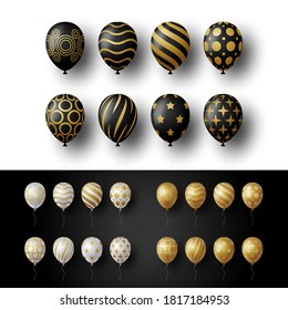 Balloon set isolated on white and black background. Vector realistic gold, golden, silver and black festive 3d helium balloons template for anniversary, birthday party design.
