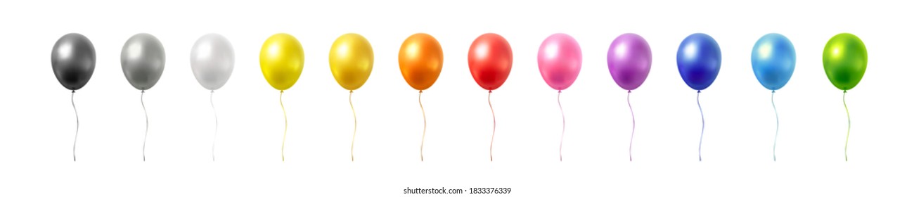 Balloon set isolated on white background. Vector realistic gold, silver, golden colorful and black festive 3d helium balloons template for anniversary, birthday party design