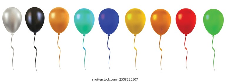 Conjunto de globos aislados sobre fondo blanco con Diseños de Vector realistas en negro, plateado y variantes de colores, perfecto para celebraciones, decoraciones de fiesta, invitaciones y proyectos creativos, 