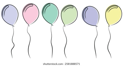 Balloon set isolated on a white background. Vector pastel coloured helium balloons element for anniversary, birthday or celebration party design