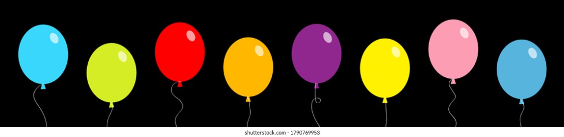 Balloon set line banner. Bunch of balloons. Colorful transparent helium toy on string thread. Flying through the air, sky. Flat design. Isolated. Black background. Vector illustration