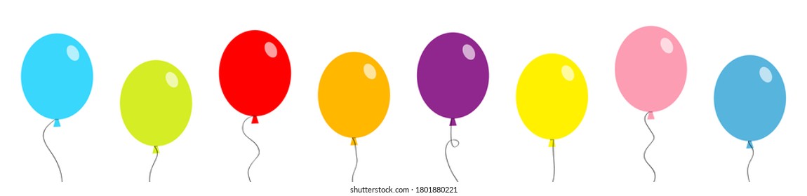 Balloon set line banner. Bunch of balloons. Colorful transparent helium toy on string thread. Flying through the air, sky. Flat design. Isolated. White background. Vector illustration