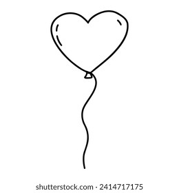 Globo en forma de corazón. Feliz Día de San Valentín. Declaración de amor y sentimientos, 14 de febrero. En el fondo blanco aislado se dibuja mano de doodle vectorial blanco y negro. Icono o tarjeta, regalo