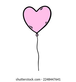 Globo en forma de corazón. Globo de helio rosado. Día de San Valentín. Ilustración vectorial dibujada a mano.