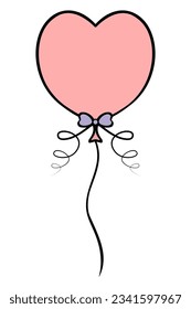 Globo en forma de corazón. Un globo de lámina roja está atado con un arco morado. Estilo de caricatura. Ilustración del vector de color. Bonita decoración para las vacaciones. Fondo aislado. 