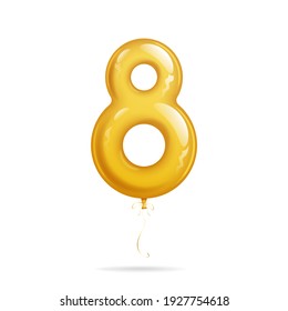 Un globo en forma de número ocho está aislado en un fondo blanco y tiene un color dorado para el Día Internacional de la Mujer.