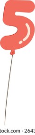 A balloon in the shape of the number five with a thin string in a cartoon style. The numeral balloon is depicted with a glossy finish and a curved design. Cartoon vector illustration.