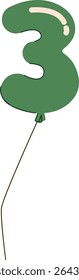 A balloon in the shape of the number three with a shiny surface and a string. The numeral balloon floats with a reflective sheen and a thin cord. Cartoon vector illustration.