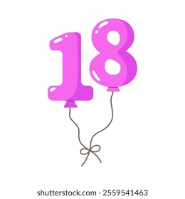 Balloon shaped as numbers 18 with string.Birthday party flat decoration,celebration eighteen festive symbol,numeric anniversary holiday design.Isolated.Vector illustration.