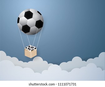 Balloon shaped soccer with footballs in bamboo basket in the sky on paper background,vector and illustration design