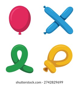 Balloon shapes pack, red round, blue cross twist, green loop, yellow dog, party decor kit, balloon twisting session vector
