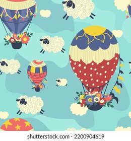 Balloon and sheep clouds. seamless pattern. children's print