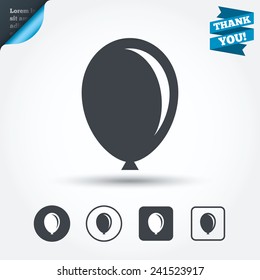 Balloon sign icon. Birthday air balloon symbol. Circle and square buttons. Flat design set. Thank you ribbon. Vector