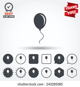 Balloon sign icon. Birthday air balloon with rope or ribbon symbol. Circle, star, speech bubble and square buttons. Award medal with check mark. Thank you ribbon. Vector