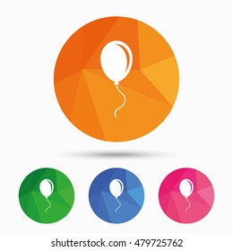 Balloon sign icon. Birthday air balloon with rope or ribbon symbol. Triangular low poly button with flat icon. Vector