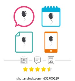 Balloon sign icon. Birthday air balloon with rope or ribbon symbol. Calendar, chat speech bubble and report linear icons. Star vote ranking. Vector
