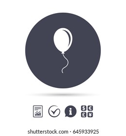 Balloon sign icon. Birthday air balloon with rope or ribbon symbol. Report document, information and check tick icons. Currency exchange. Vector