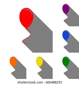 Balloon sign illustration. Set of red, orange, yellow, green, blue and violet icons at white background with flat shadow.