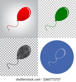 Balloon sign illustration. Vector. 4 styles. Red gradient in radial lighted background, green flat and gray scribble icons on transparent and linear one in blue circle.
