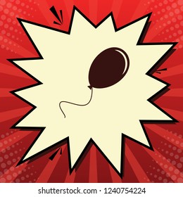 Balloon sign illustration. Vector. Dark red icon in lemon chiffon shutter bubble at red popart background with rays.