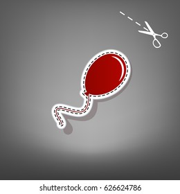 Balloon sign illustration. Vector. Red icon with for applique from paper with shadow on gray background with scissors.