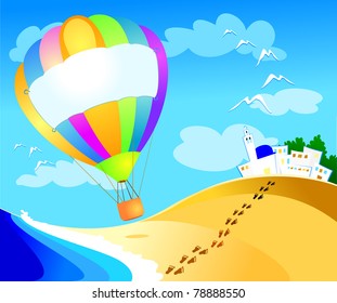 Balloon with sign over the sea, vector
