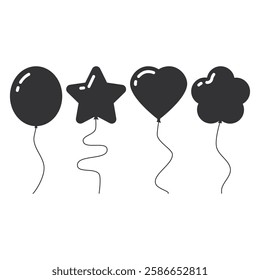 Balloon Silhouettes Various Shapes. Black Balloon Decoration Surprise. Simple Balloon Icon.