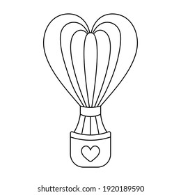 Balloon. Sketch. Heart-shaped flying machine. Attached to the shell filled with gas is a basket decorated with a heart. Vector illustration. Coloring book for children. Valentines Day. 