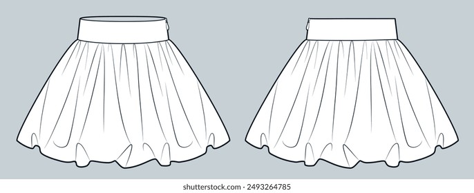 Balloon Skirt technical fashion illustration. Mini Skirt fashion flat technical drawing template, side zipper, front and back view, white, women CAD mockup.