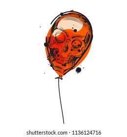 Balloon with skull and bones. Accessory to party for Happy Halloween. Red balloon