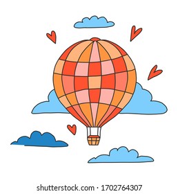 Balloon in the sky among clouds Isolated on a white background. Red balloon on a white background in the style of a cartoon. Print for design and printing on childrens clothing, romantic cards, gift