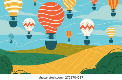Voo no céu com balão. Cesta de viagem em nuvem. Viagem de caráter. Ilustração do tour. Aventura na paisagem de montanha. Feliz lazer ao ar livre. Ilustração isolada de estilo plano de desenho animado de estilo masculino vetor
