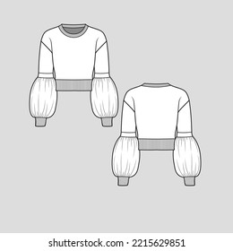 Balloon Sleeve Crop Sweatshirt top crew Neck Drop Shoulder volume Sleeve ribbed hem and cuffs Fashion Flat Sketch Drawing Template