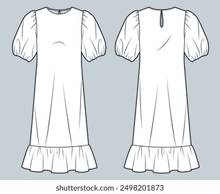 Balloon Sleeve Dress fashion flat technical drawing template. Midi Dress technical fashion illustration, round neck, ruffle, front and back view, white, women Dress CAD mockup.