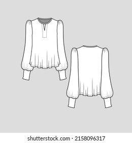 Balloon sleeve fashion top crew neck puff long sleeve with cuffs fashion flare hem blouse t shirt top flat sketch technical drawing template design vector