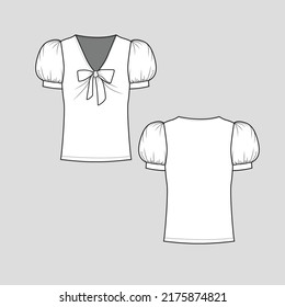 Balloon Sleeve knotted Top V Neck Knot tie Gathering Puff Balloon Short Sleeve with cuff hem  t shirt blouse flat sketch technical drawing template design vector