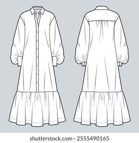 Balloon Sleeve maxi Dress technical fashion illustration. Shirt Dress fashion flat technical drawing template, button up, ruffle, relaxed fit, front and back view, white, women Dress CAD mockup.