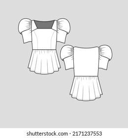 Balloon sleeve Peplum Ruffles top Square neck short gathering sleeve detail Waist gathering ruffles fashion t shirt top blouse flat sketch technical drawing template design vector
