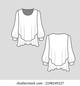 Balloon Sleeve Ruffles Top Layered Ruffles hem Long Balloon Sleeve Cuffs Crew Neck  fashion Design  blouse Cad Technical Drawing Template  flat sketch Vector