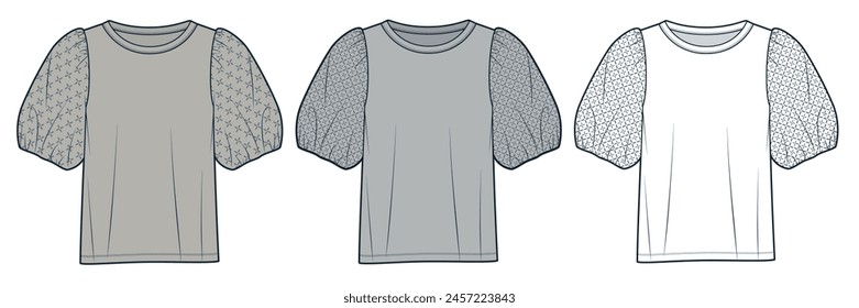 Balloon Sleeve T-Shirt fashion flat technical drawing template. Knit Shirt with poplin sleeves technical fashion illustration, round neck, front view, white, brown, grey, women Top CAD mockup set.