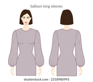 Mangas globo melón ropa de larga duración dama de la parte superior gris, camisa, vestidos de vestir, camisetas, camisetas ilustración de moda técnica con cuerpo empotrado. Plantilla de ropa plana. Mujeres, hombres unisex CAD mockup