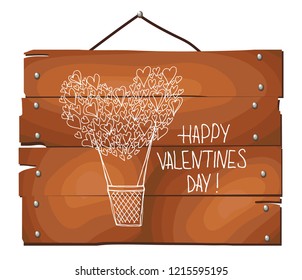 balloon small hearts and a love on wooden plank background. Happy Valentine's Day greeting card with heart shape hot air balloon and handwritten romantic wishes. Hand drawn Vector illustration.