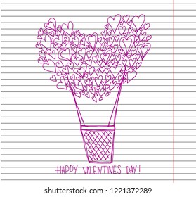 balloon small hearts and a love on copybook background. Happy Valentine's Day greeting card with heart shape hot air balloon and handwritten romantic wishes. Hand drawn Vector illustration.