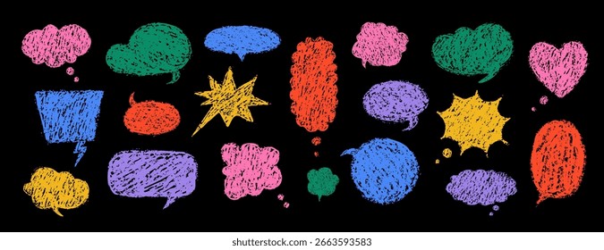 Globo de crayones de discurso. Colección de burbuja de discurso retro. Conjunto de Vector con textura de crayón. Marco de comunicación cómico con efectos grunge. Estilo Y2K de moda.